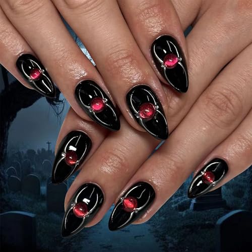 FRUJCDKI Almond Medium Press On Nails-French Fake Nails with Bat Pattern,Halloween Holiday False Nails,Acrylic Fake Nails with Nail Glue,Reusable Stick On Nails for Women and Girls (Spider 1, 24pcs)