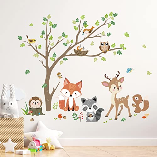 decalmile Wandtattoo Waldtiere Baum Wandaufkleber Fuchs Hirsch Eule Wandsticker Babyzimmer Kinderzimmer Schlafzimmer Wanddeko