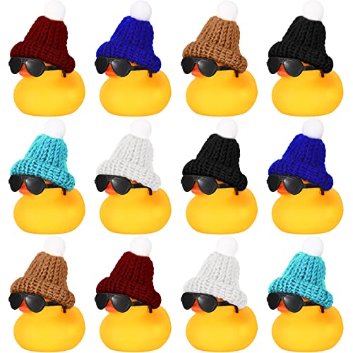 Chivao 12 Pcs Mini Rubber Ducks with Sunglasses/ Glasses and Hats/ Necklace, Cruise Rubber Ducks in Bulk Valentine Gift Small Bathtub Toy for Hiding Party Favor(Cute Style,Yellow)