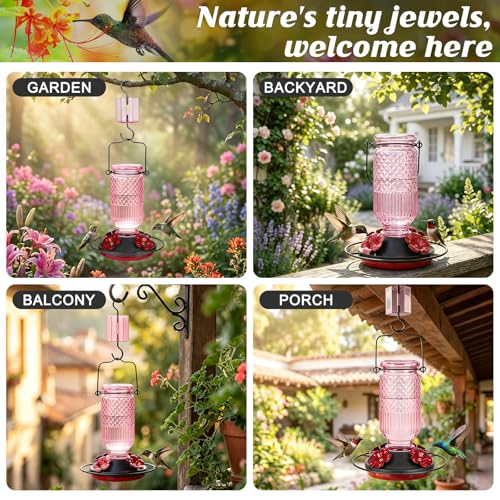 Image of FEED GARDEN Glass Hummingbird Feeder for Outdoors Hanging, 16 oz Leak-Proof Nectar Feeder with Bee Guards & Ant Moat, 4 Metal Flower Feeding Ports, 360 Perch Ring, Easy Refill & Clean, Pink