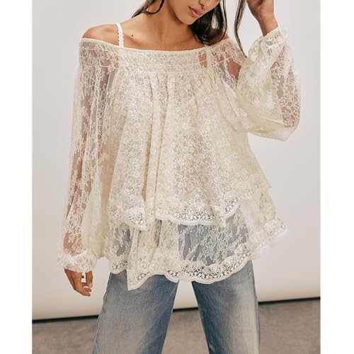 Women Sexy Lace Off Shoulder Top Long Puff Sleeve Tiered Sheer Mesh See Through Tunic Shirt Retro Y2K Dressy Blouse2