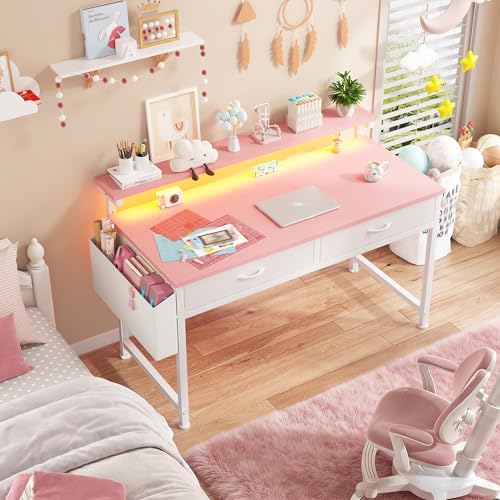 Image of DurayLoly 39.4Inch Office Computer Desk with LED Lights & 2 Fabric Drawers, Gaming Desk with Side Pocket & Ergonomic Monitor Stand, Small Space Study Writing Table with Anti-Tip Design,Pink