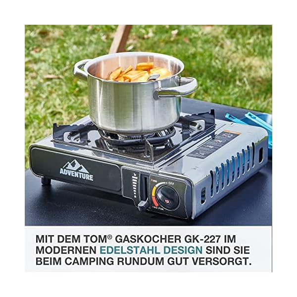 TOM Adventure Edelstahl Camping-Gaskocher mit 16 oder 12 x Gaskartuschen und Koffer im Set – Campingkocher mit Gaskochfeld – Kochplatte für Camper & Outdoor (Campingkocher mit 12 Gaskartuschen) – Bild 5