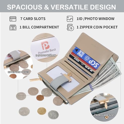 Image of Pomelo Best Wallet Women Bifold Leather Wallets for Women Credit Card Holder with ID Window Zipper Coin Pocket Blue Gray