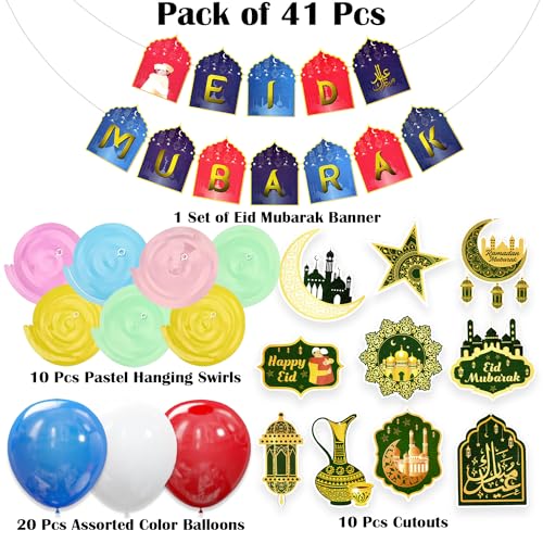 Image of Rozi Decoration Eid Mubarak Balloons Decorations Set of 41 Pcs with Blue, White & Red Balloons Decoration for Ramzan, Eid, Un Nabi Celebrations; Paper, Rubber