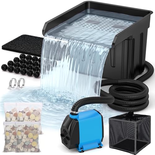 Kit de déversoir pour cascade de bassin, filtre pour cascade de bassin avec pompe silencieuse de 3700L/h et cage filtrante, tuyau ondulé de 4m, média...