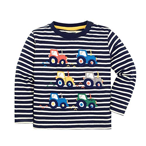 Irsutey Toddler Boys Crewneck Striped Long Sleeve Tops Car Cartoon Graphic Kids Cotton Pullover Casual Trendy T-Shirts - Main Image