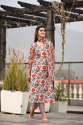 Image of Leriya Fashion Cotton Printed Kurta Sets for Woman | V Neck Festive Anarkali Suit for Women | Ethnic Kurta Set with Dupatta for Women | Wedding Kurti Set for Woman