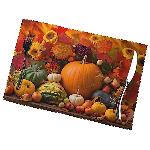 Autumn Fall Pumpkins Placemats Set of 6, Thanksgivings Non Slip Heat-Resistant Washable Table Place Mats for Kitchen Dining Home Decoration, 12 x 18 Inch