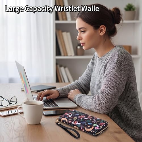Image of Checkered Highland Cow Print Book Wallet For Women Skull Goth Frog Butterfly Ladies Cluth Wristlet Wrist Strap Long Purse Zip Around Card Holder
