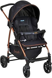 carrinho de bebê e bebê conforto preto e cobre