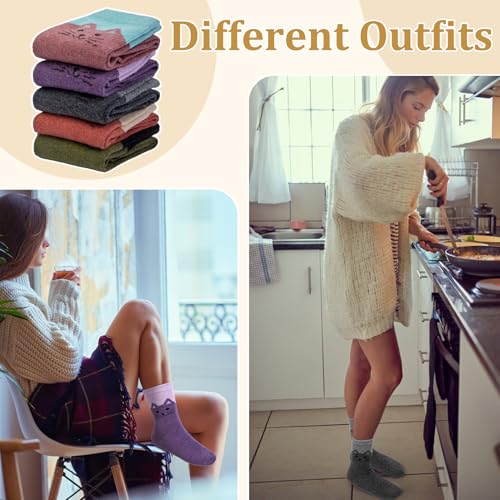 Image of 5 Pairs Wool Socks for Women, Winter Warm Cute Cat Crew Socks