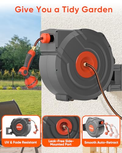 Image of Retractable Garden Hose Reel 90 ft 5 /8 inch Automatic Rewind with Any-Length Lock 9 Pattern Nozzle Sprayer 180 Swivel Wall-Mounted Hose Reel for Home Yards