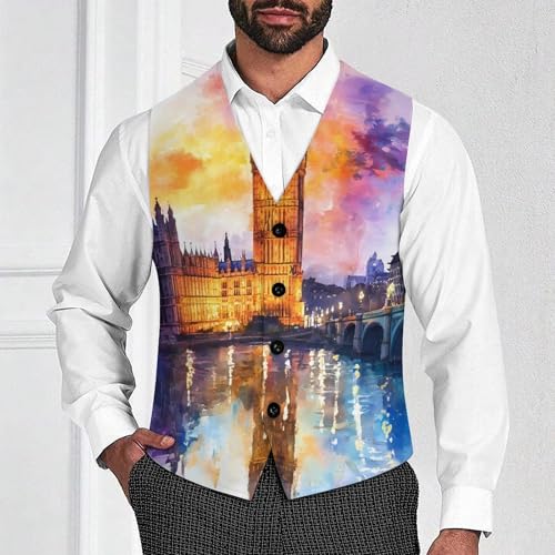 London in Watercolor Suit Vest for Men Waistcoat Dressy V Neck Button Down Sleeveless Business Jacket Coat4
