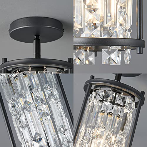 Lmqnine Dining Room Light Fixture Semi Flush Mount Ceiling Light Fixture,Lndustrial Farmhouse Chandelier Black Metal Crystal Pendant Light For Hallway Balcony Kitchen Island (Round 1-Light) #TOP4
