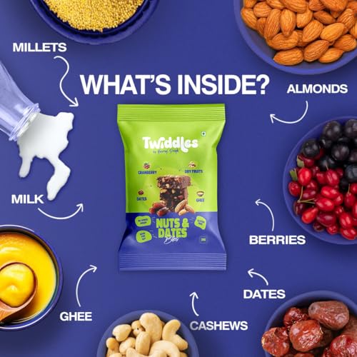 Image of Twiddles Mini Snack Bar Nuts & Date Power Bites, Pack of 12 | Made with Dates & Dry Fruits | No refined Sugar | Healthy dessert | Goodness of millets | Office Snack | On-the-go | 100% Natural | 10% Protein | Only 80 Calories