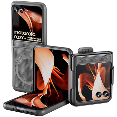 Designed for Motorola Razr+ (2023) Case with Belt Clip Holster - Compatible with Magsafe Chargers - Dual Layer Shockproof Phone Case - Black (Plain)