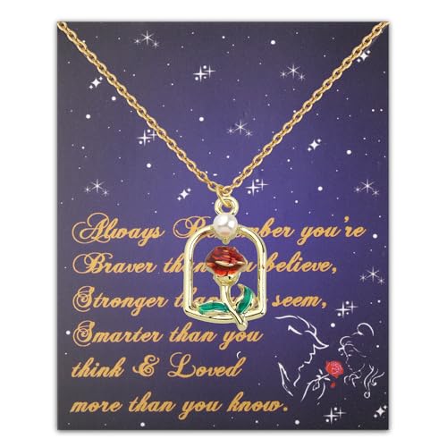 Pliti Beauty Beast Gift Princess Belle Gift Always Remember You’Re Braver Than You Believe Rose Necklace  cover