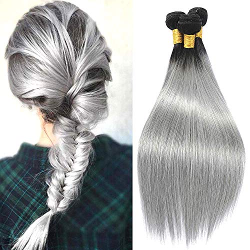 Ombre Bundles 1B Grey Ombre Human Hair Bundles Black And Silver Grey Two Tone 3 Bundles Brazilian Straight Hair Virgin Human Hair 9A Grade Short Bundles 14 14 14 inch