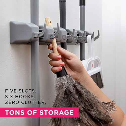 Image of Broom Holder Wall Mounted - 5-Slot Mop Organizer with 6 Hooks, Convenient Storage Stand for Mops, Brooms, Brushes & Cleaning Tools - Space-Saving Wall Hanger