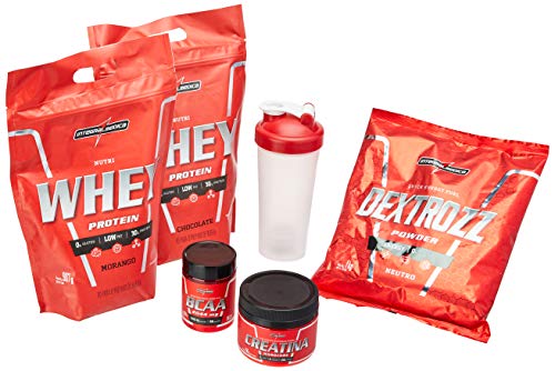 Kit 2x Whey 900g + Bcaa + Creatina + Coqueteleira+ Dextrozz (morango/chocolate)