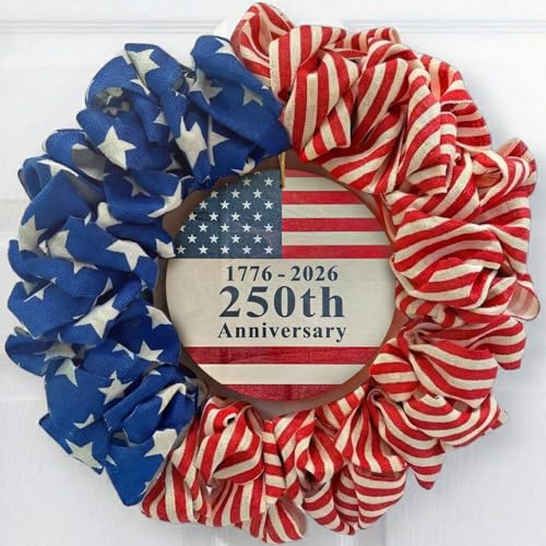 4th of July Wreath for Front Door - 20 inch Memorial Day Patriotic Decorations Outdoor Red White and Blue 1776-2026 USA 250th Anniversary Burlap American Flag Door Wreaths