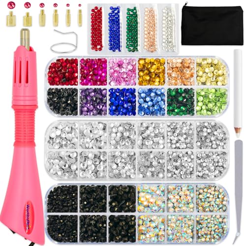 Worthofbest Hot Fix Rhinestone Applicator Tool Kit 5200Pcs 3/4/5mm Glass Hotfix Rhinestones Rhinestone Setter with 6 Tips Stand Zipper Bag Tweezers & Gem Picker for Clothing Fabric DIY Crafts