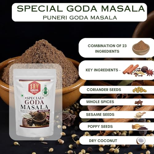 Image of SRV Spices Goda Masala - 100gm | Traditional Maharashtrian spice | Iron Pounded, Sweet Aroma, Preserves Natural Oils | Brahmani Puneri Kala Masala for Dal, Khichdi, Veg Curries & Bhaji