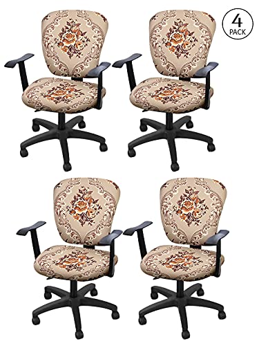 Image of Cortina Office Chair Slip Covers | Stretchable Polyester Elastic Spandex Fabric | Corporate Rotating Chair Cover | Removable Chair Case | Machine Wash | Damask Print - Beige | Chair Cover Set of 4