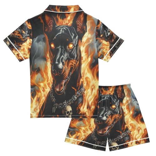 ALAZA Funny Dog Fire Sugar Skull Satin Pajamas Set Short Sleeve Button Down Sleepwear Summer Pjs 2 Piece2