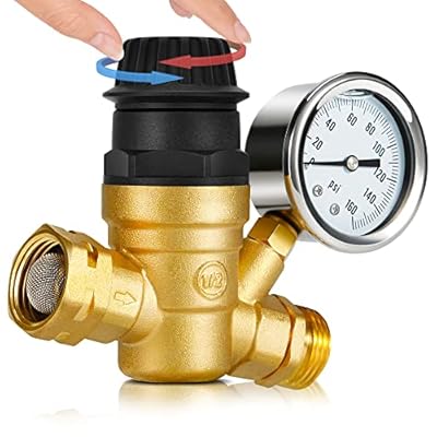 Kohree RV Water Pressure Regulator for RV Camper, Adjustable Handle Brass Lead-Free Reducer Valve RV Water Pressure Regulator with Gauge and 2 Inlet Screened Filters for RV Camper Travel Trailer