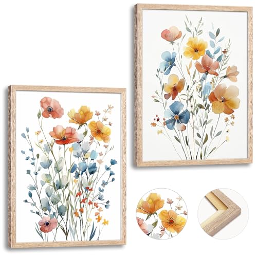 Image of Framed Colorful Flowers Canvas Wall Art for Bathroom Decor, Blue Floral Print, Yellow Orange Flowers Artwork Pictures Poster for Bedroom Living Room Office Decoration 12 inchx16 inchx2 Panels