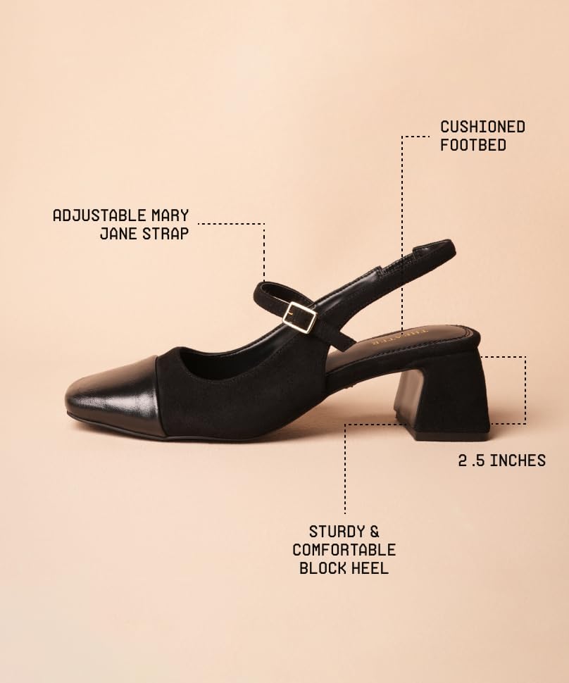 Image of Theater Women Twiggy Mary Jane Block Heel Sandals with Square Toe and Adjustable Buckle Slingback | Cushioned Comfort for Office & Formal Wear