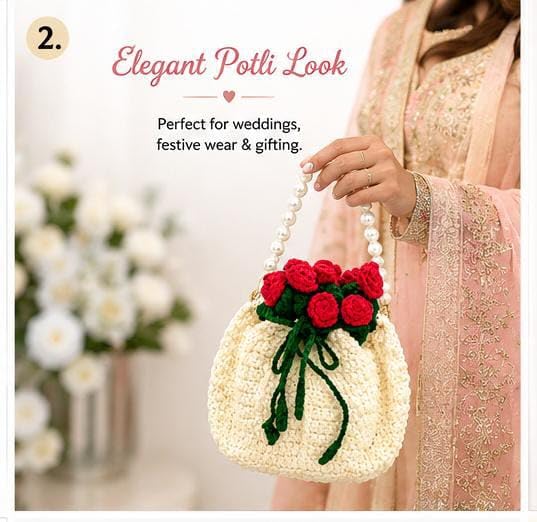 Image of Handmade Crochet Flower Crossbody Sling Bag for Women | Boho Knitted Bucket Shoulder Purse Rose Design