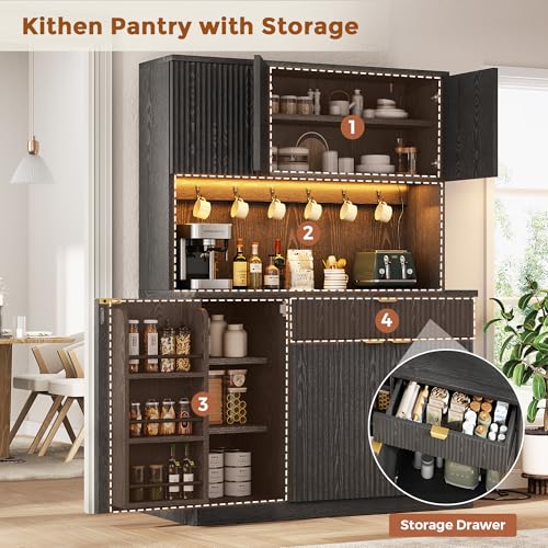 Image of Fluted Pantry Storage Cabinet with Charging Station & LED Light, 71 inch Tall | Large Pantry Cabinet with Microwave Stand / Drawer / Adjustable Shelves, Coffee Bar Storage for Dining Room