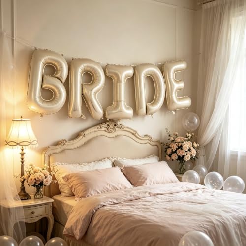 Image of 40 Inch White Gold BRIDE Balloons, Giant Bride To Be Balloon, Letter Balloons for Bachelorette Party, Bridal Photo Booth Banner, Wedding Decorations