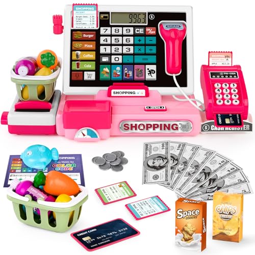 2025 Caisse enregistreuse pour Enfant, Jouet Caisse enregistreuse avec Vraie Calculatrice pour Enfants- Jouet, Scanner, Carte de crédit, Argent de Jeu, Nourriture (Rose)