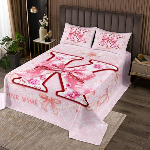 Erosebridal Personalized Coquette Bow Bed Set Queen Coquette Bowknots Bedspread Sets for Girls Kids Teens Fantasy Trendy Aesthetic Preppy Coverlet Set Initial K Bow Gifts for Her/Mom/Daughter(K)