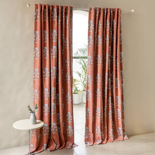 Image of Tranquebar Curtain Co. 100% Blackout, Complete Darkening Curtains with Lining (Polyester), Coral Floral Print, Cotton Blackout Curtains 5 Feet for Window, BackTabs, Kumud (152 cm) - 1 Piece