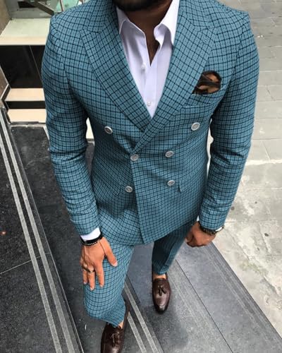 Men's Suit Slim Fits 2 Pieces Houndstooth Double Breasted Formal Tuxedos Blazer Wedding Grooms4