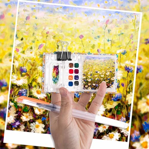 Chiisong 12 Pcs Mini Portable Watercolor Palette Set Including Acrylic 8 Grid Paint Box Watercolor Paper Pad Sketchbook 6 Paint Brushes 4 Binder Clips for Painters Artists Students(Sunflower)