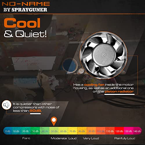 NO-NAME Cool Tooty Airbrush Compressor with 3-liter Metal Tank | 1/6 HP 110V Motor with Two Cooling Fans | 47dB & 20- 23l of Air Flow per Minute | Auto-start/Auto-stop Mechanism, Moisture Filter/Trap & 1/8” to 1/4” Adapter | Quality Control in Florida, USA