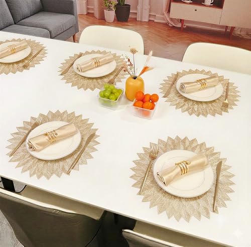 Image of Yellow Weaves 6 Pcs PVC Round Table Placemats, Dining Table Mat, Stain Resistant, Anti-Skid, Waterproof, Washable, Dining, Kitchen, Restaurant Table Set Easy to Clean, Durable (Star Golden)