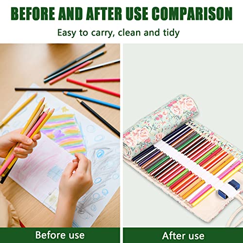 Image of Yitexin 72 Slots Canvas Pencil Roll Wrap, Handmade Roll-Up Pencil Case Pouch Fabric, Large Capacity Pencil Case Holder Organizer for Artists Painting, Sketchers(Flower)