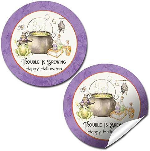 Trouble is Brewing Watercolor Halloween Party Thank You Sticker Labels for Kids