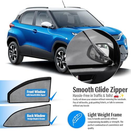Image of Autofact Magnetic Car Sunshades Compatible with Tata Punch (Set of 4) - Easy Installation, UV Protection, Keeps Car Cool (Front 2 with Zippers for Easy Access, Rear 2 Without Zippers)