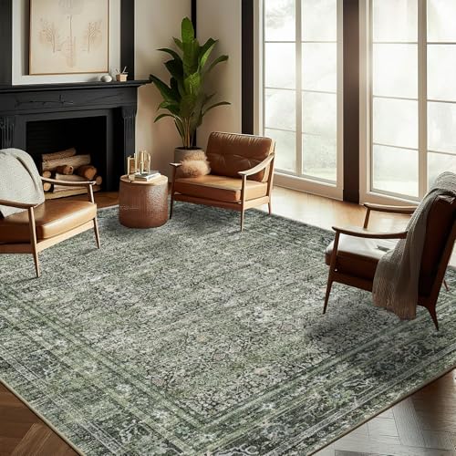 Washable Area Rug 9'x12' Retro Boho Design Non-Shedding Easy Care Ideal for High Traffic Areas in Living Room Bedroom Office Coffee Table Kitchen Large Carpet