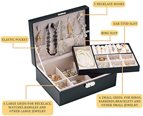 PROVO Jewellery Box Organizer, 2-Layer Leather Jewellery Storage Case with Lock and Removable Tray & Divider, Lockable PU Leather Jewellery Holder for Necklace Watch with Lid Gifts for Girls Women