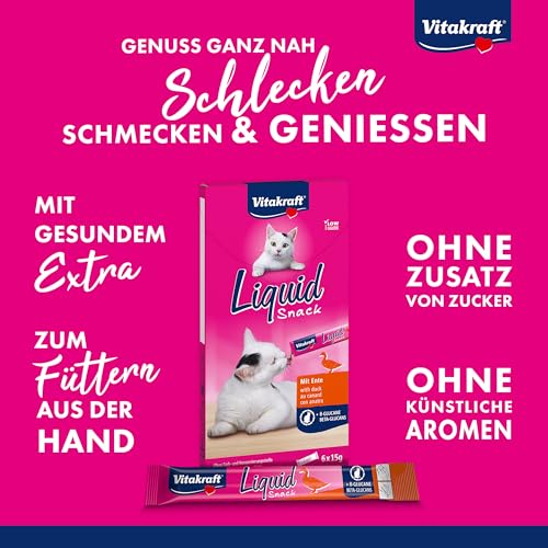 Vitakraft Liquid Snack, Katzen Leckerli, Katzensnack cremig, mit Ente und Beta Glucane, in einzelnen Sachets, verbessert die Immunabwehr (1 Paket mit 6x 15g)