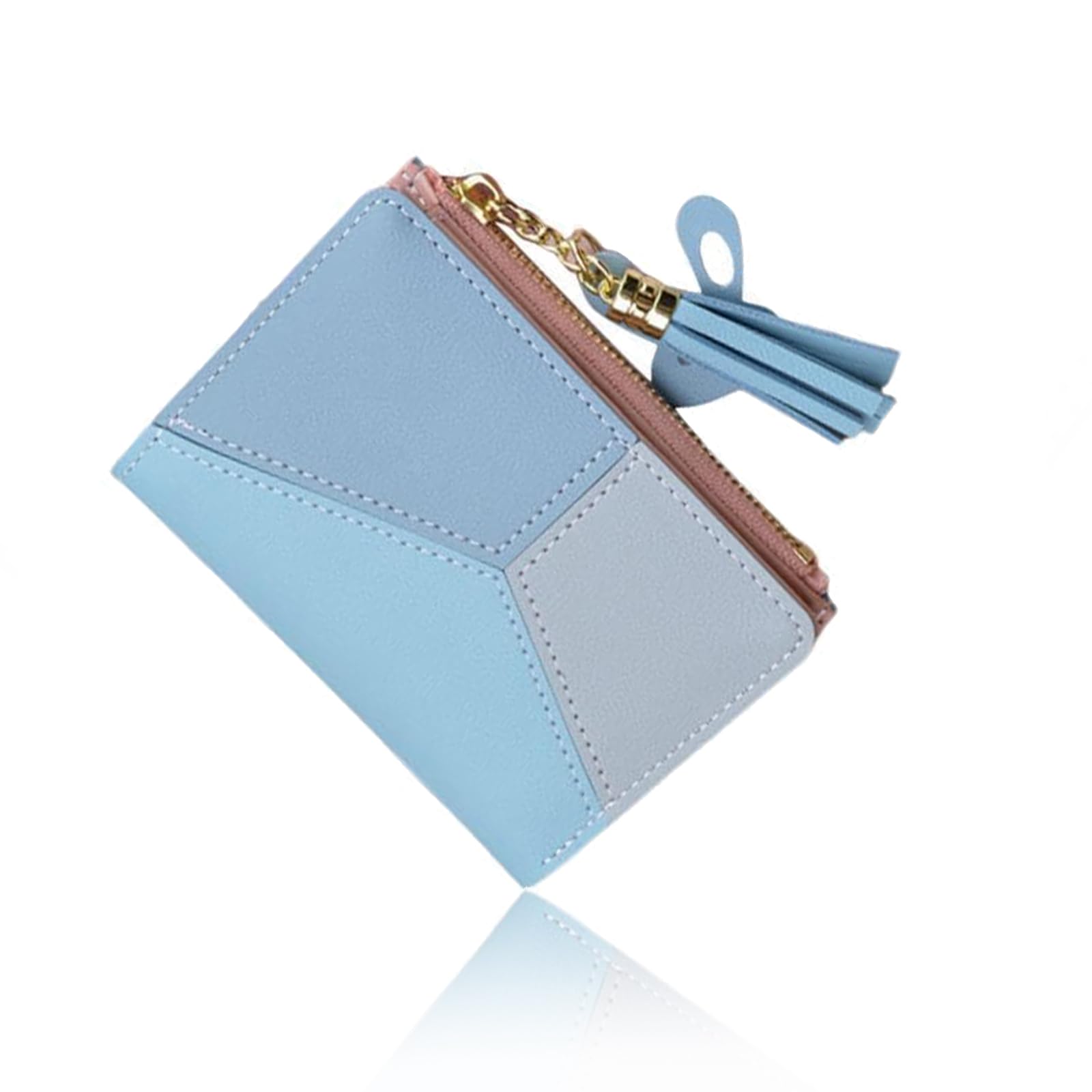 Ladies Wallet with Zipper Coin Pocket, Compact Bifold Leather Purse, Snap Button Closure, Blue